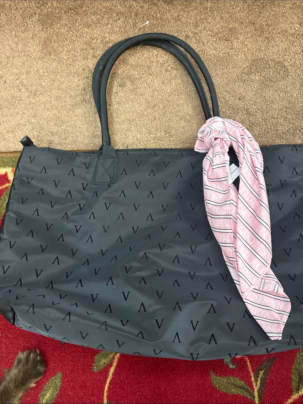 Victoria Secret Black Tote Bag with Pink Scarf - Women’s Handbag